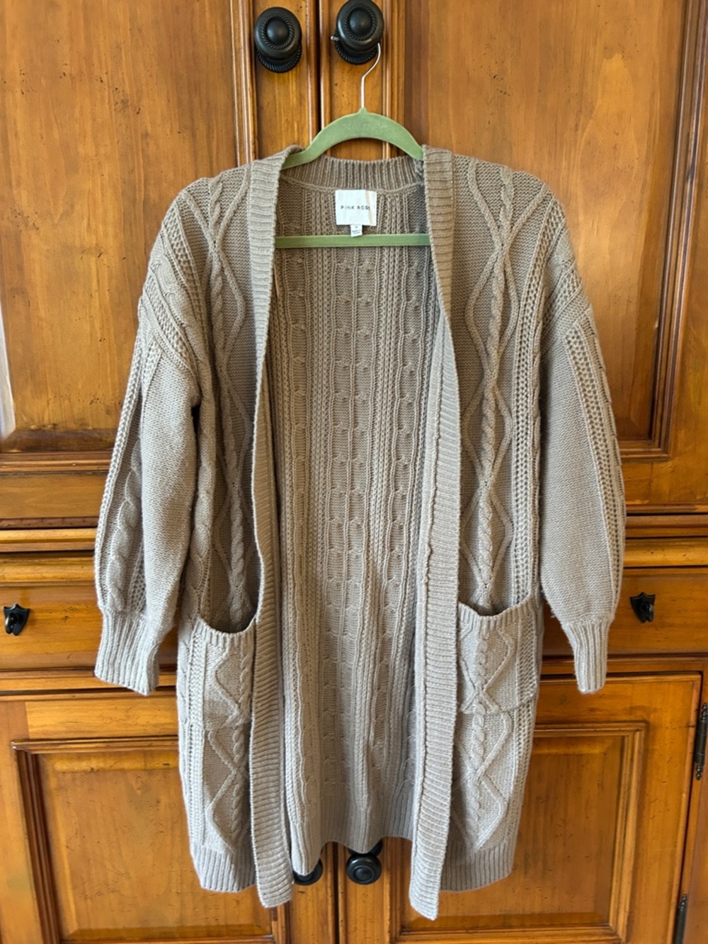 Pink Rose Cable Knit Open Cardigan in Taupe